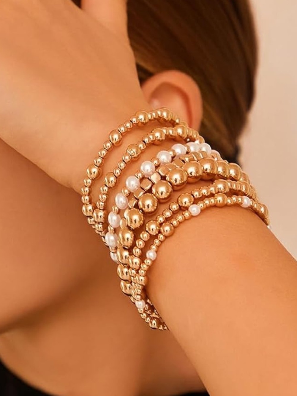 Anthropologie Gold and White Pearl Multi-Strand Stretch Bracelet Set